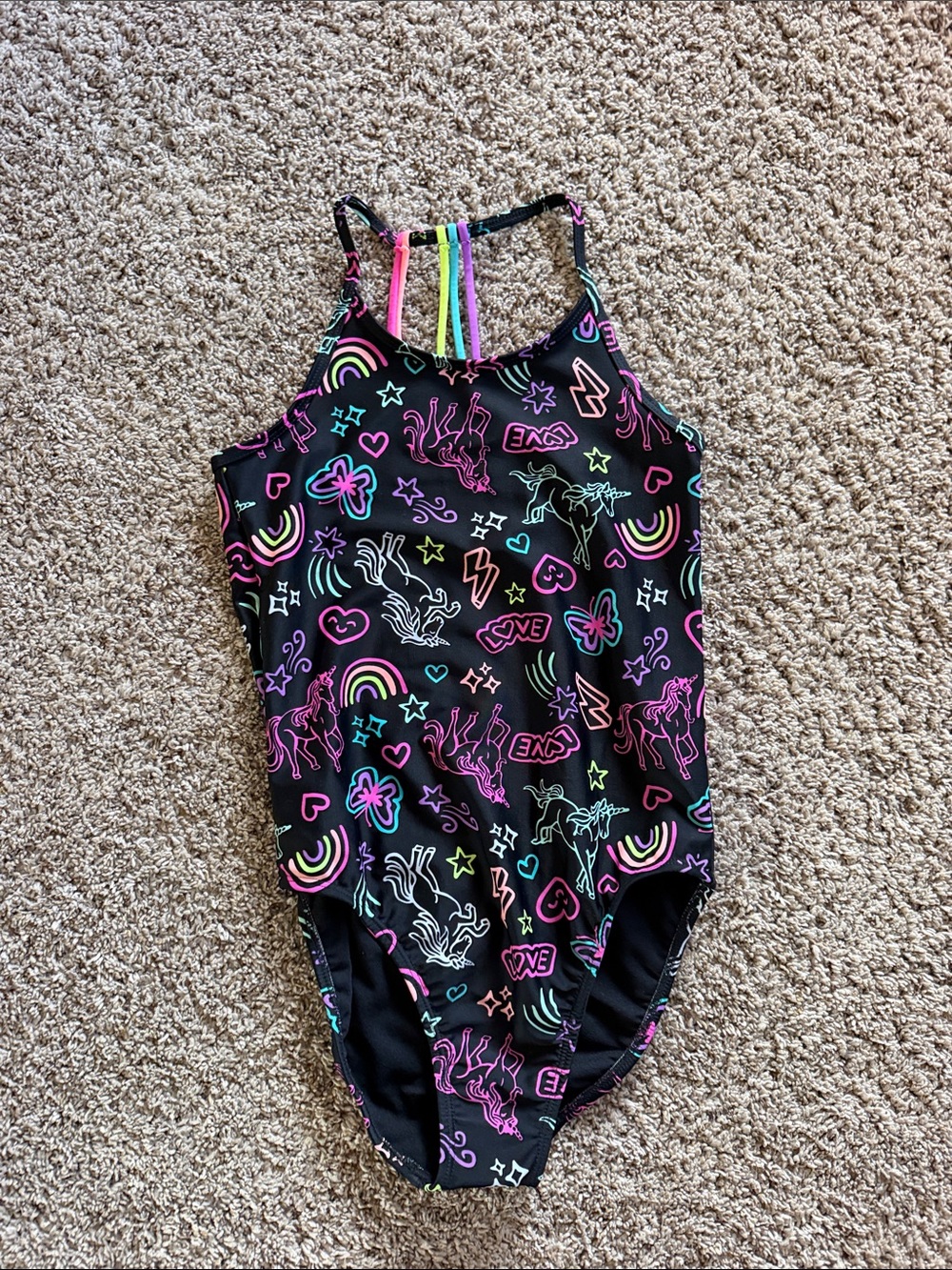 Girls' Black Neon Unicorn One-Piece Swimsuit